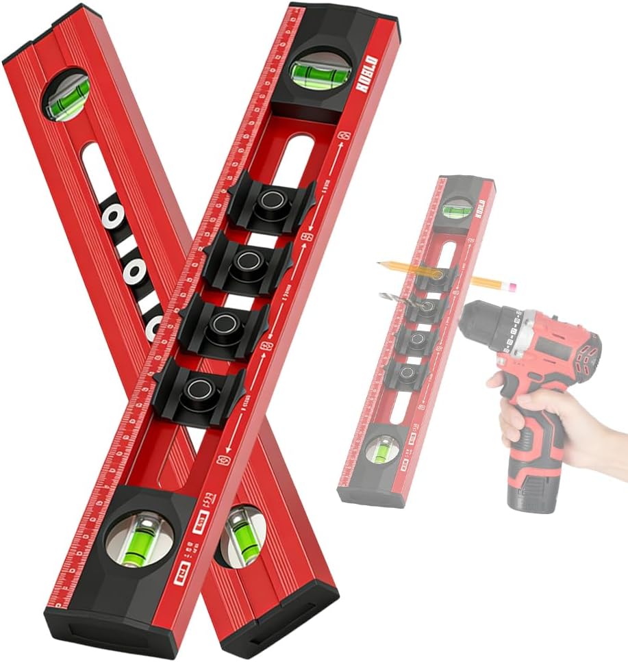 Aluminium Spirit Level 40 Cm, Electrician Spirit Level With 4 Adjustable Drilling Templates And Double Scale, For Location Positioning And Alignment For Sockets, Picture Hanging And Diy