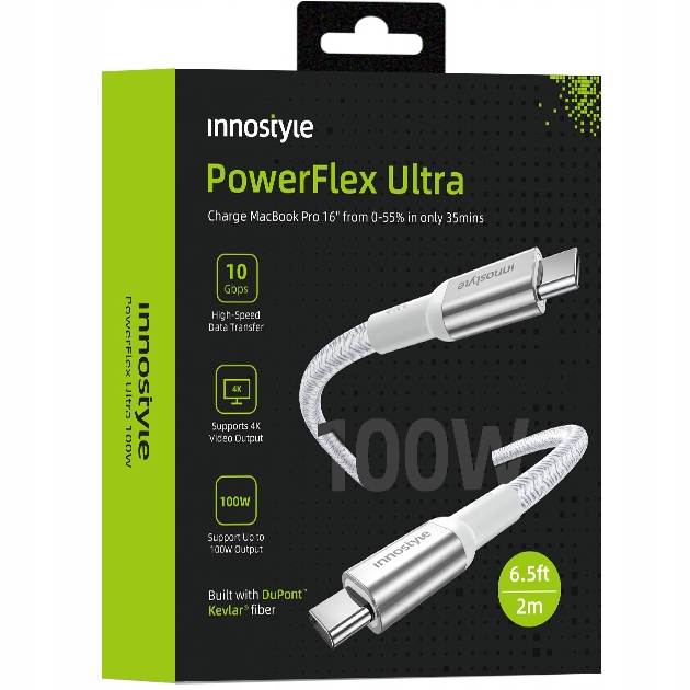Innostyle Powerflex Ultra Usb-c-kabel, Schnellladefunktion, Thunderbolt 10 Gbit/s, 100 W, Kevlar, 2 M, Silber
