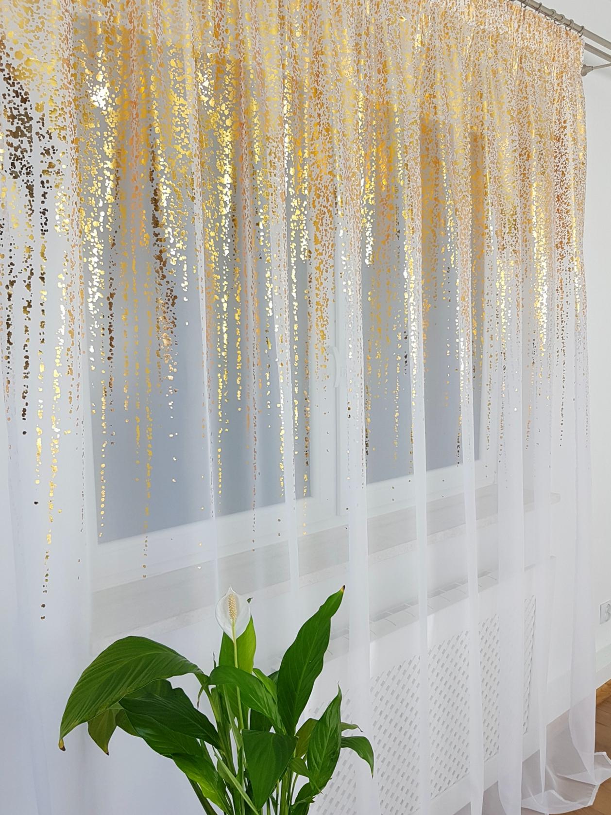 Fertiger Voile-gardine 300 X 250 Cm – Weiß, Goldener Regen, Mit Kräuselband