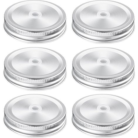 Set Mit 6 Einmachglasdeckeln Mit Strohhalmloch, 70 Mm. Einmachglasdeckel Für Standardöffnungen, Silberfarben.