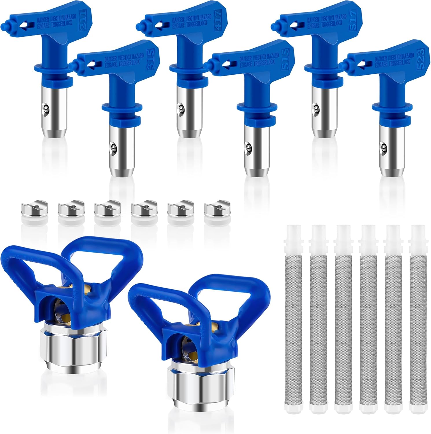 Dieses 14-teilige Airless-farbspritzdüsen-set Enthält 6 Wendbare Anglecai-düsen, 6 Airless-spritzpistolenfilter Und 2 Düsenschutzkappen Für Das Spritzpistolengehäuse.