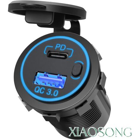 Doppelte Usb-zigarettenanzünderbuchse Für Auto, Boot Und Lkw, 12 V/24 V, 36 W, Pd Typ-c + Qc 3.0 Schnellladefunktion, Startknopf, Blauer Led-ring