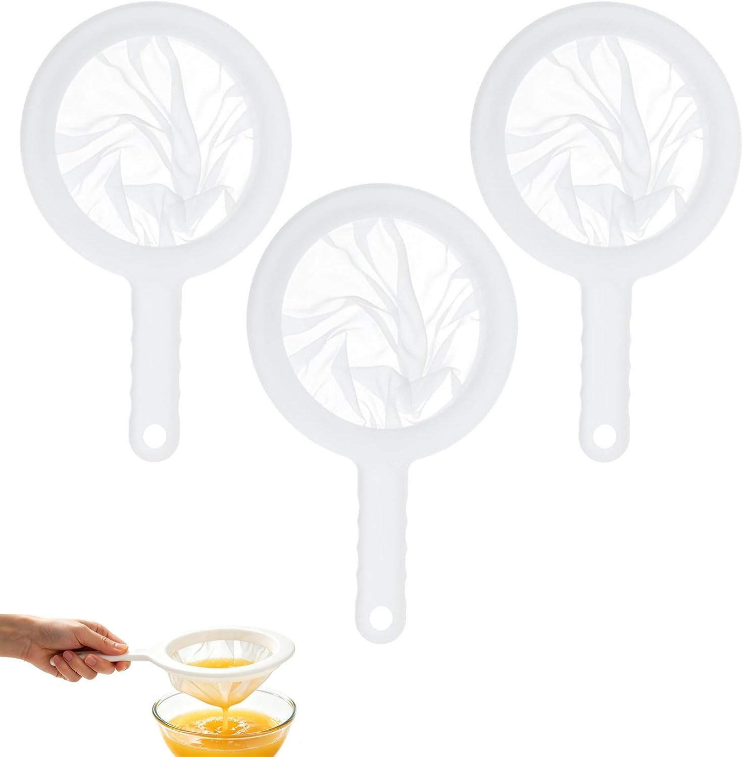 3 Stück Sieb Nylon, Feines Sieb Mit Kunststoff Griff 100/200/400 Mesh, Küchensieb Handhaltbar, Haushaltlich Plastiksieb Kefir Für Kaffee Milch Säfte Wein Sojamilch Und Backen