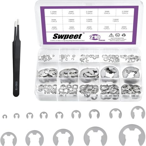 Packung Mit 210 Äußeren Sicherungsringen Aus Edelstahl 304 Mit Pinzette, 14 Größen M1,5 M2 M2,5 M3 M3,5 M4 M5 M6 M7 M8 M9 M10 M12 M15