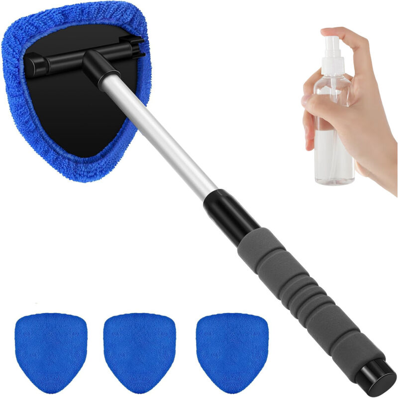 Innenraum-windschutzscheibenreiniger Für Autos, Mit 4 Mikrofaserpads Und 1 Sprühflasche, Windschutzscheibenreiniger Mit Ausziehbarem Griff, 180 Grad Drehbar