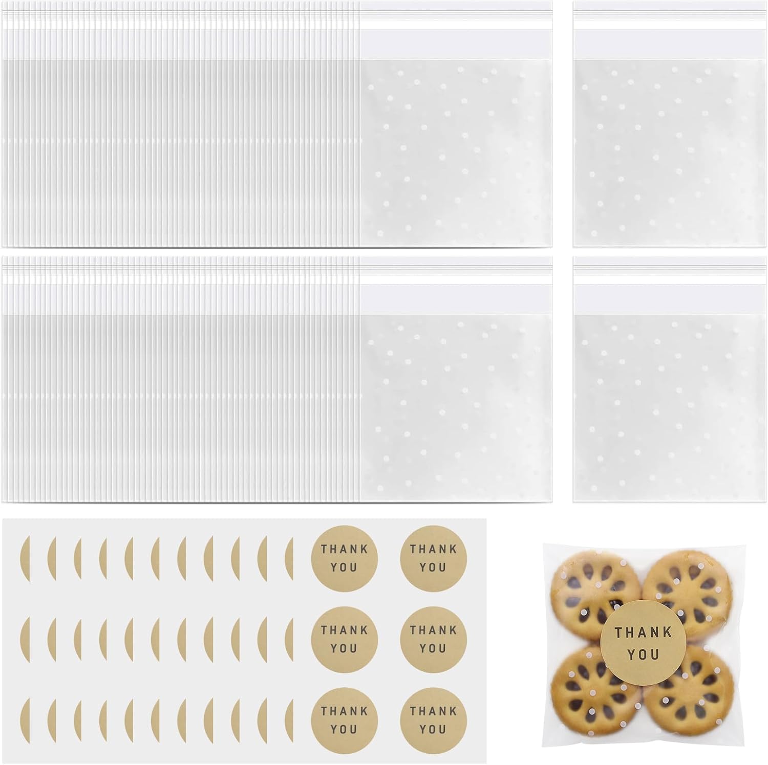 200 Pièces De Petits Sacs En Cellophane Autocollants 10 X 10 Cm Sacs À Biscuits Transparents Sacs En Cellophane Autocollants Avec 36 Autocollants Pour Pâtisseries, Chocolat, Bonbons Et Friandises (poi
