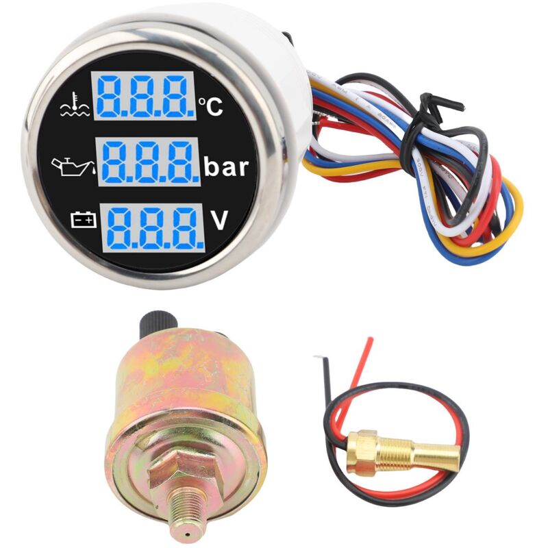 Bootsöldruck- Und Wassertemperatur-voltmeter, 52-mm-multifunktions-digitalanzeige, Ip67 Wasserdicht, Dreifach-anzeigenset, Schwarzer Sockel, Silberner Rahmen