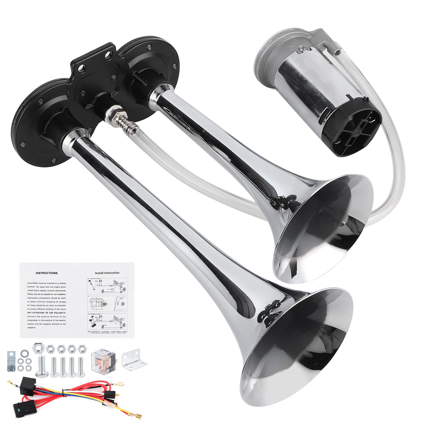12v 135db Pneumatisches Horn Mit Doppelhorn Aus Aluminiumlegierung Mit Motor Für Auto, Lkw Und Wohnmobil (silber).