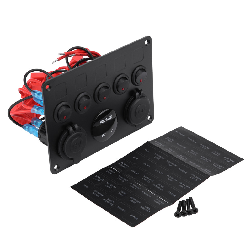 Bedienfeld Mit 5 Ein-/ausschaltern, 12–24 V, Mit Zwei Usb-anschlüssen Und Voltmeter Für Auto, Boot, Lkw, Geländewagen Und Roter Led