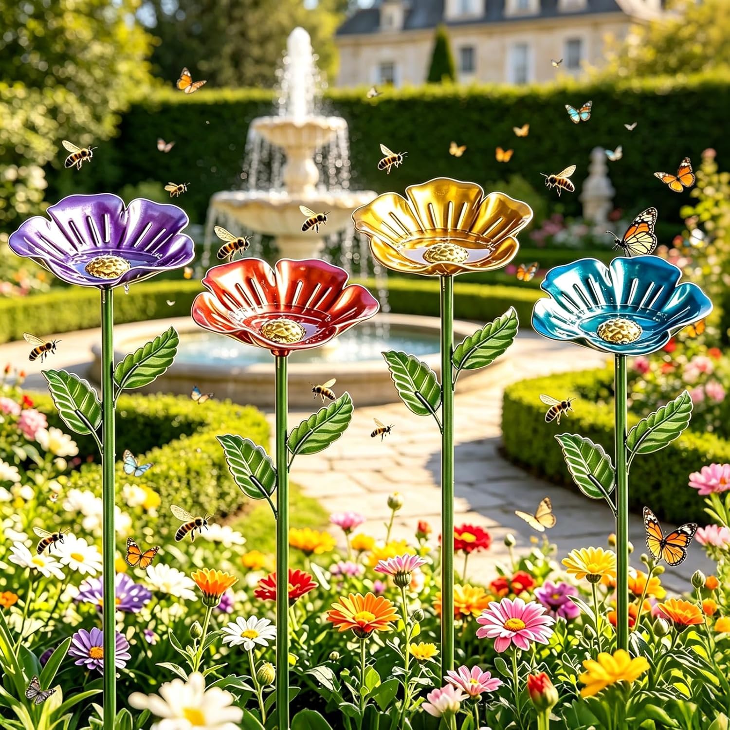 Bee Watering Station, 4 Pieces Metal Bee Cups For Garden, Bee Feeder For Thirsty Pollinators, Pollinator Water Dispenser For Bees & Butterflies, Outdoor Garden Yard Decor