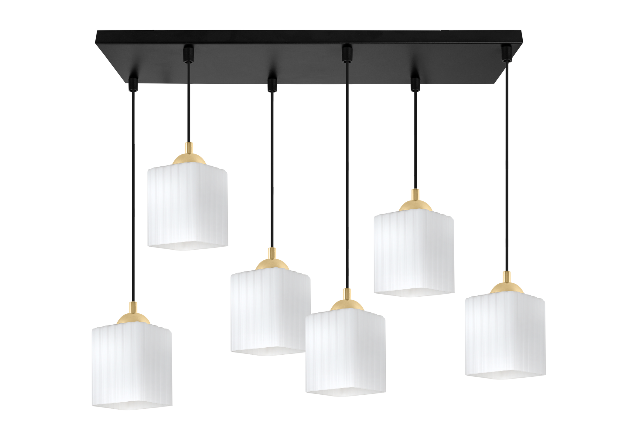 Riffle Pendelleuchte, Schwarz Und Gold, 6-flammig, Weißer Würfel, E27