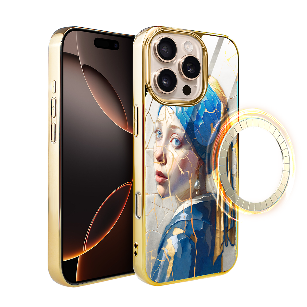 Iphone 16 Pro Ibizu Elite Glashülle Mit Magsafe, Kintsugi-kunst, Frau Mit Perle, Gold