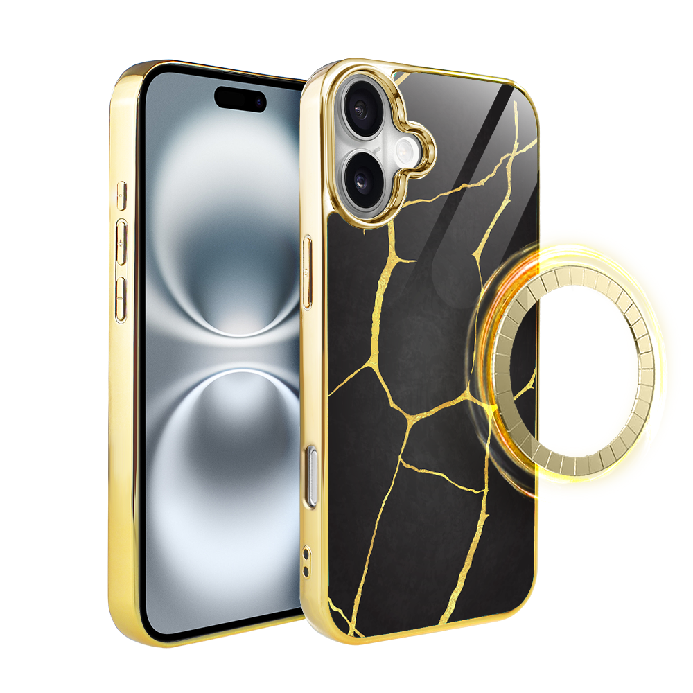 Iphone 16 Plus Ibizu Elite Glashülle Mit Magsafe, Kintsugi, Schwarzes Porzellan, Gold