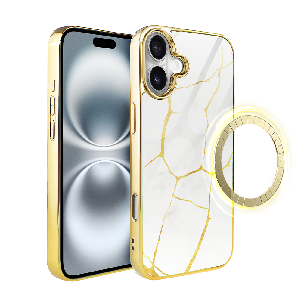 Iphone 16 Plus Ibizu Elite Glashülle Mit Magsafe, Kintsugi, Weißes Porzellan, Gold