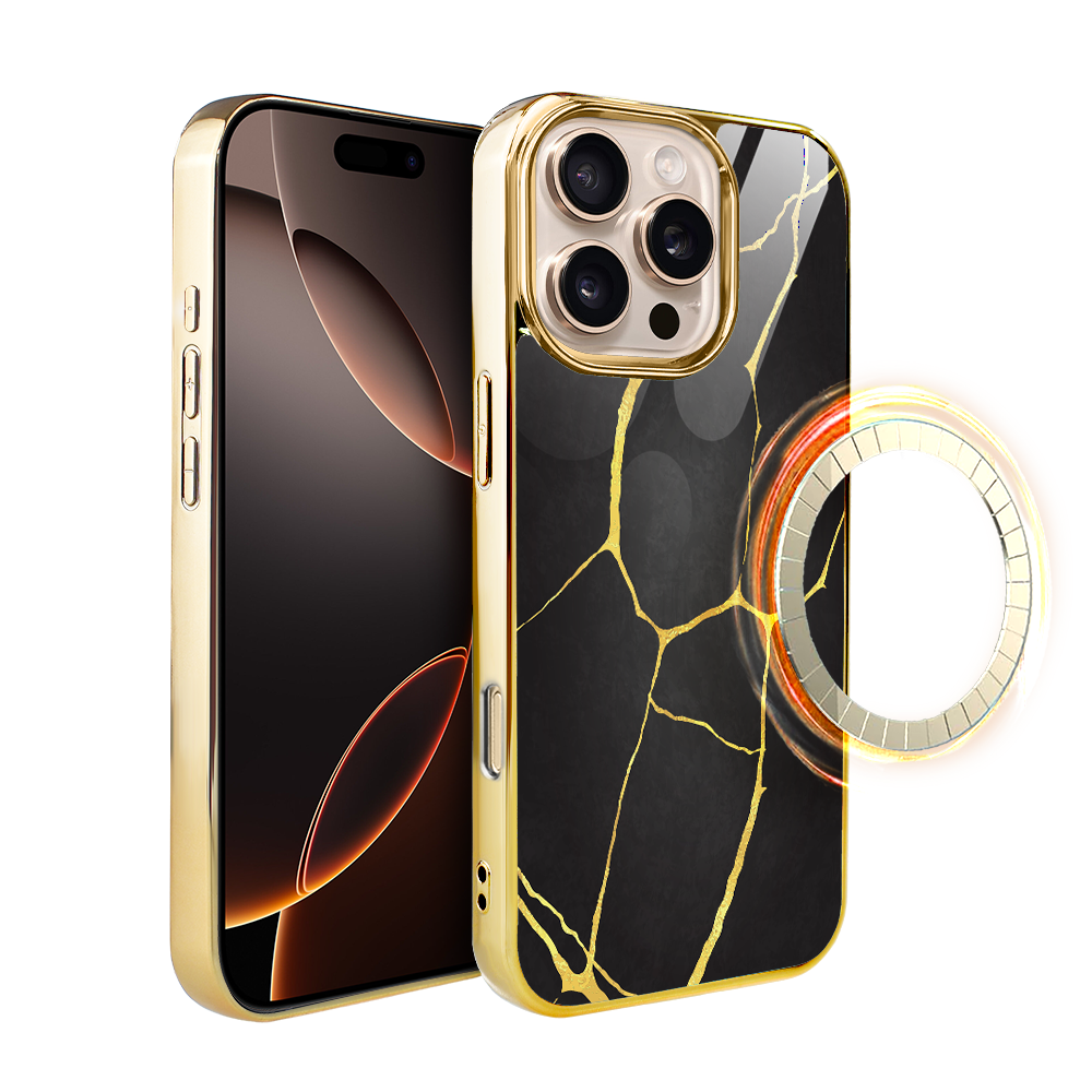 Iphone 16 Pro Max Ibizu Elite Glashülle Mit Magsafe, Kintsugi, Schwarzes Porzellan, Gold