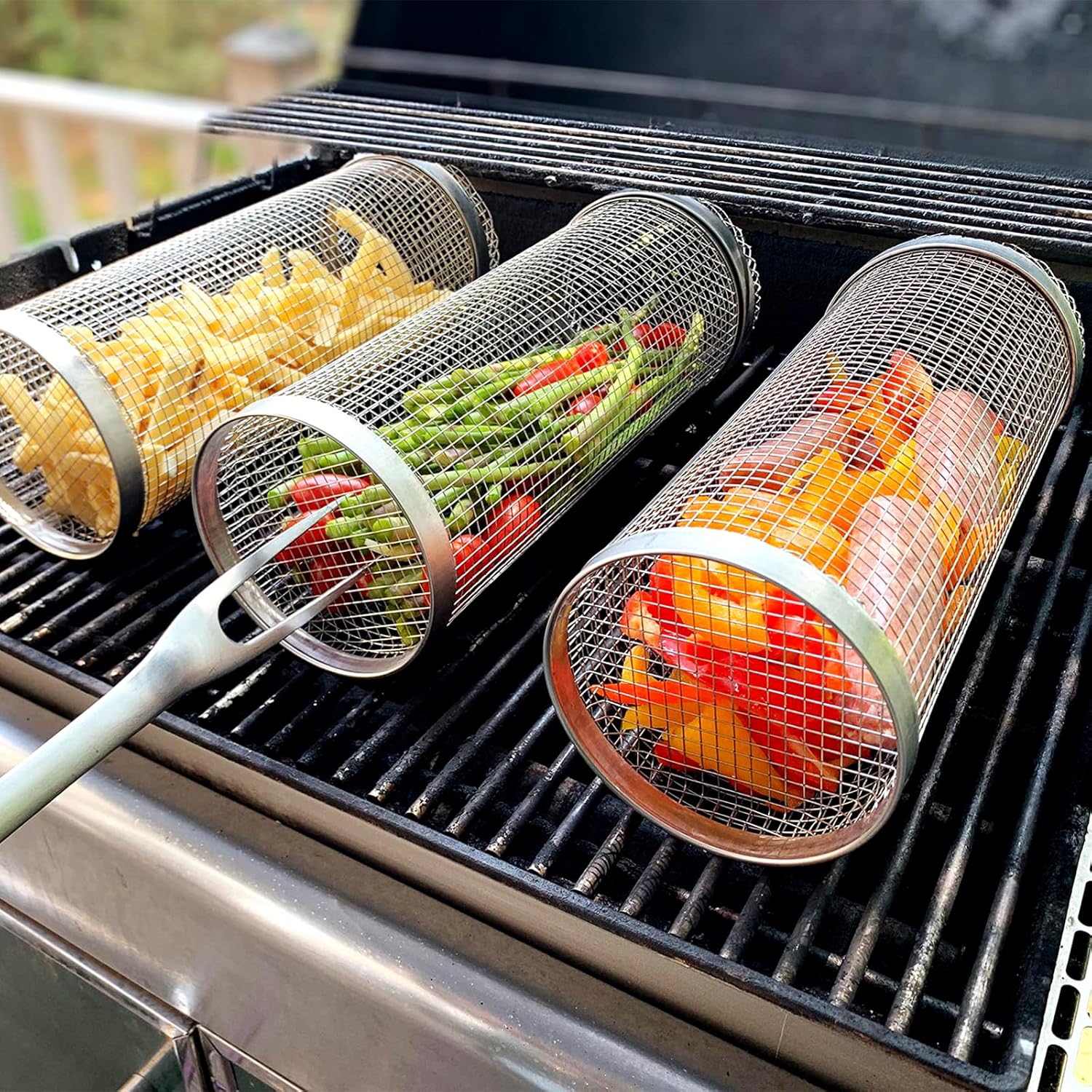 Rolling Grill Basket Accessories Rolling Grill Basket, Rolling Grilling Basket, Grill Net Tube For Outdoor Grill For Vegetables, Grill Basket Stainless Steel Cylindrical, Grill Net Outdoor Kitchen (30