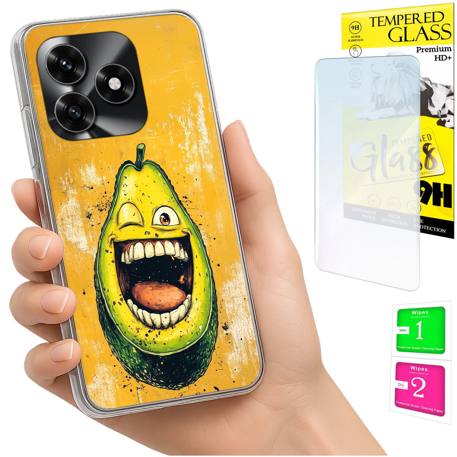 Schutzhülle Für Honor X5c Plus / X5c 4g: Fotohülle Mit Avocado-rückseite Und 9h-glas