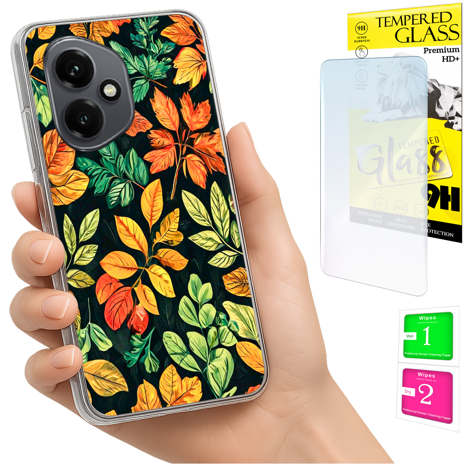 Schutzhülle Für Honor X7d / 400 Smart Photo: Rückseite Mit Blättermotiv + 9h-glas