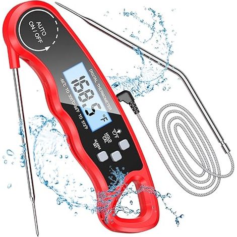 (rotes) Küchenthermometer, Sofortablesungs-kochthermometer Mit 102 Cm Langer, Flexibler Sonde, Hintergrundbeleuchtung Und Magnet, Für Fleisch, Grillgut, Steaks, Öl, Milch Und Wein.