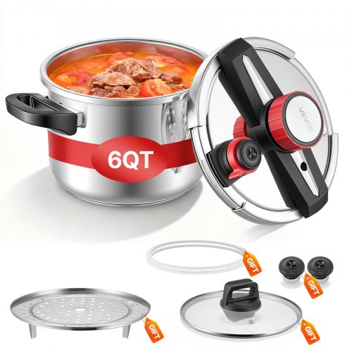 Schnellkochtopf 6 L, Dampfkochtopf Aus Edelstahl Mit Dampfeinsatz & Deckel Aus Gehärtetem Glas & 3 Druckstufen Für Fleisch Bohnen Reis Suppen Soßen, Schnellkochtopf Bis Zu 100 Kpa