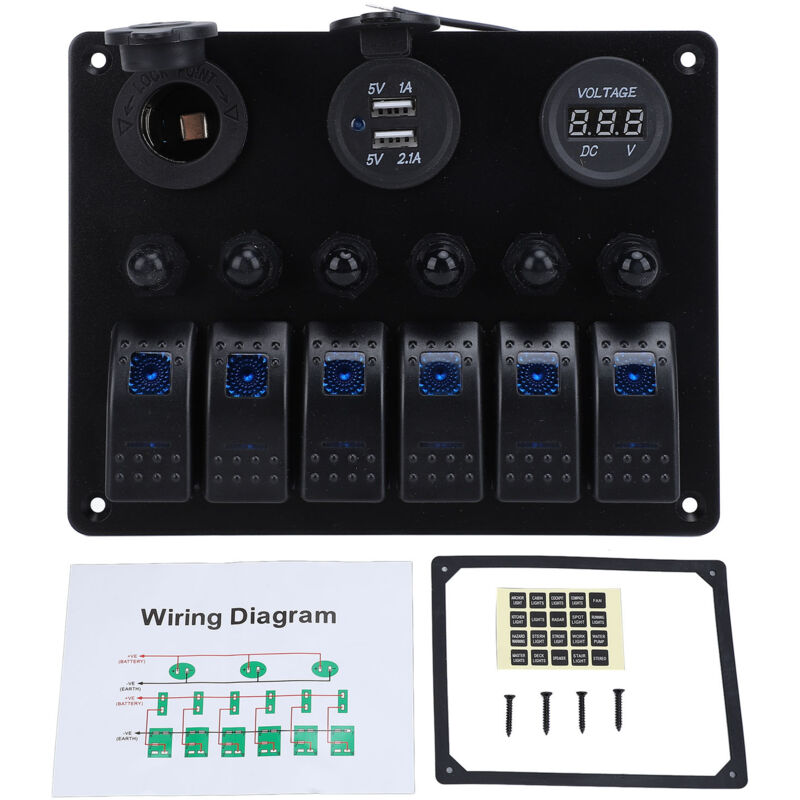 Generisches 6-fach-wippschalterpanel, Digitales Voltmeter-display, Kupplungsschalter Für Boote, 12–24 V Dc, Dual-usb-ladegerät Für Autos, Yachten Und Suvs (blaue Leuchte).