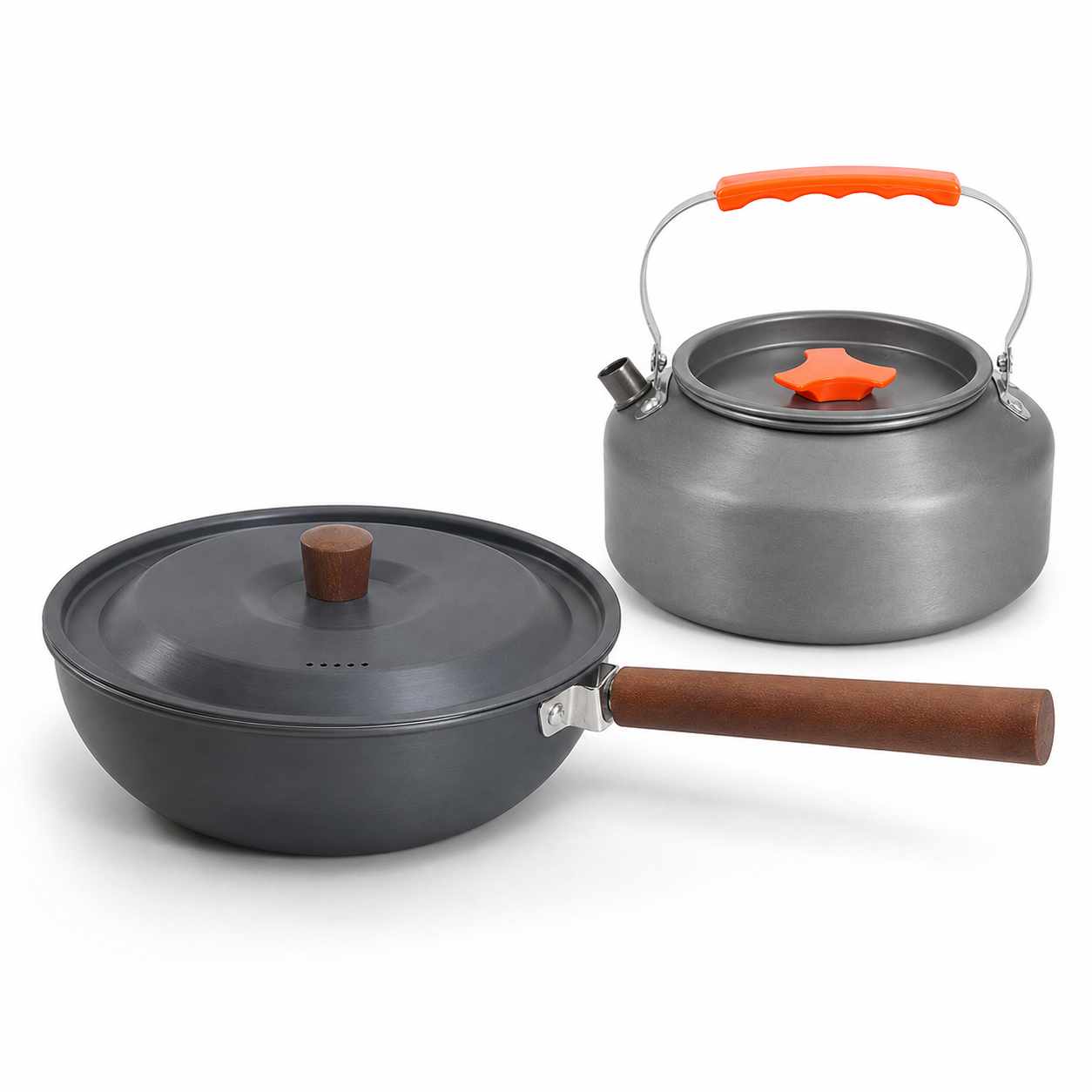 Tragbarer Camping-wok Aus Aluminiumlegierung Mit Holzoptik-griff, Inklusive Orangefarbener Kaffeekanne 1,6 L