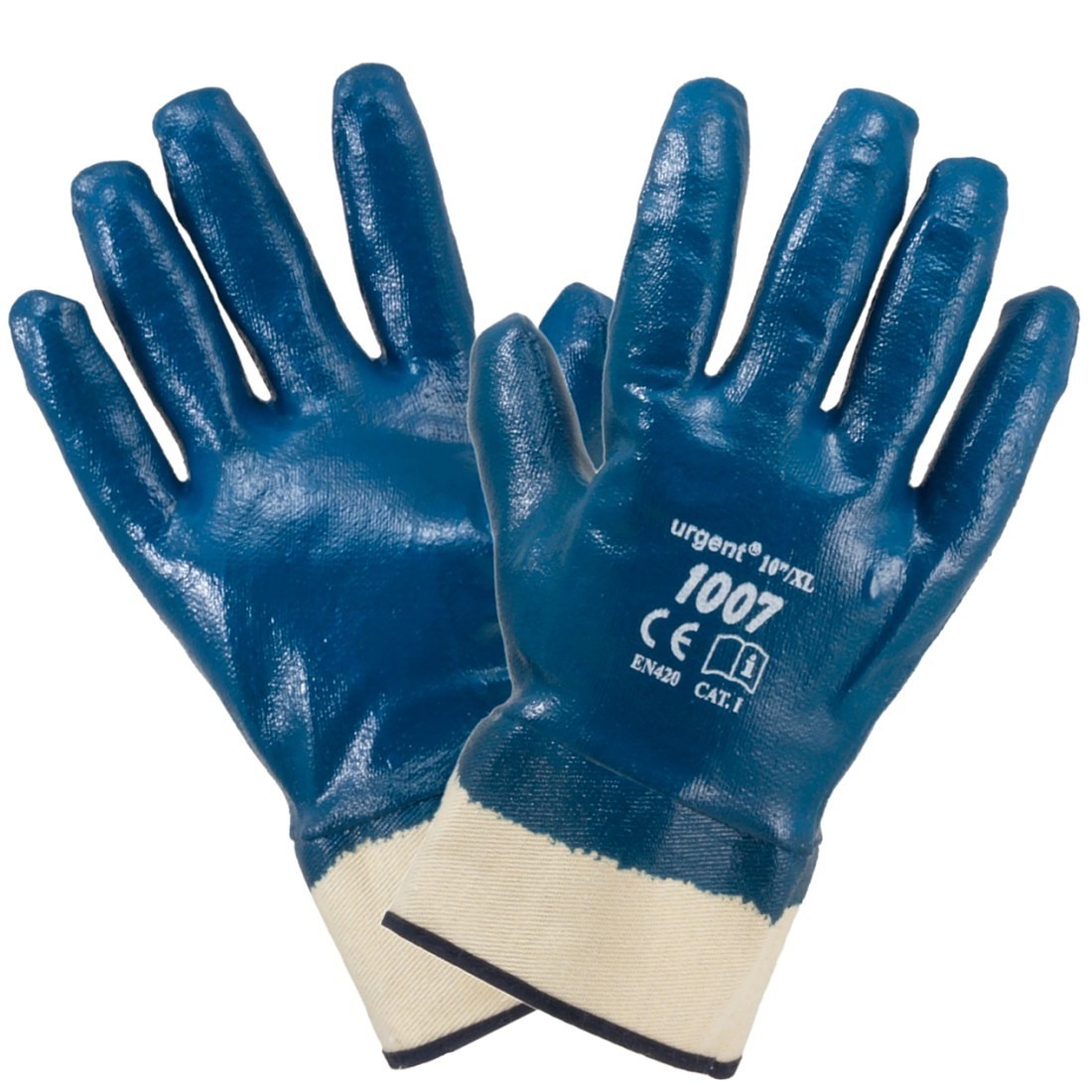 Handschuhe 1007 Baumwolle, Nitrilbündchen, Dringend, Größe 10, Blau/weiß
