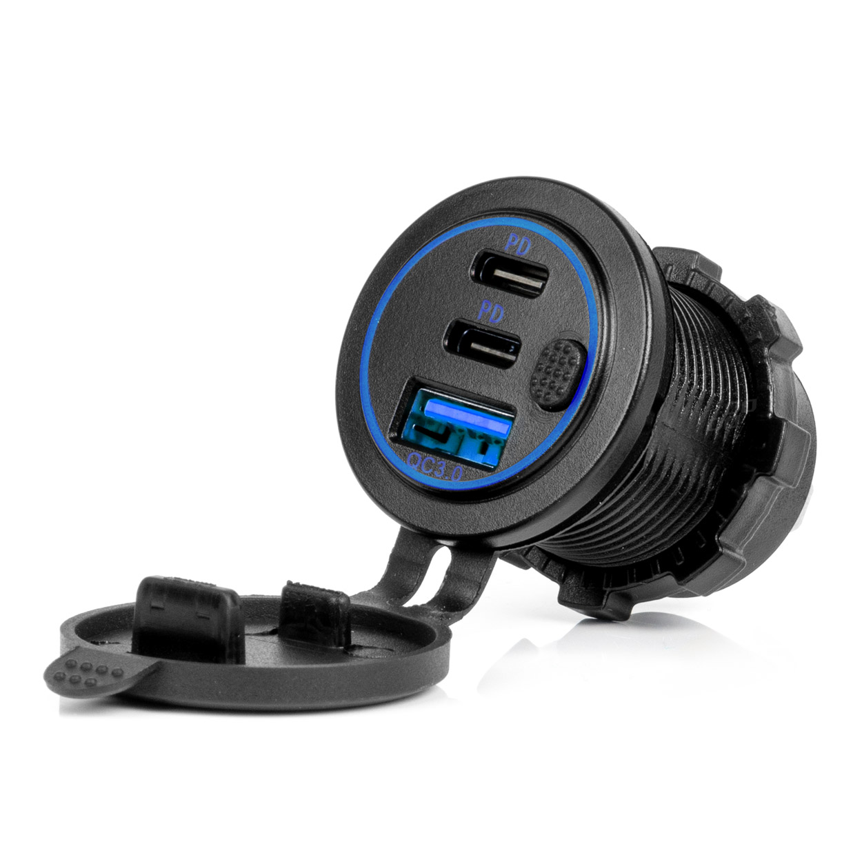 Kfz-ladegerät Mit Usb-anschlüssen, Wasserdicht, Mit Usb-schalter + 2x Usb-c Qc3.0 12v 24v Amio-04596