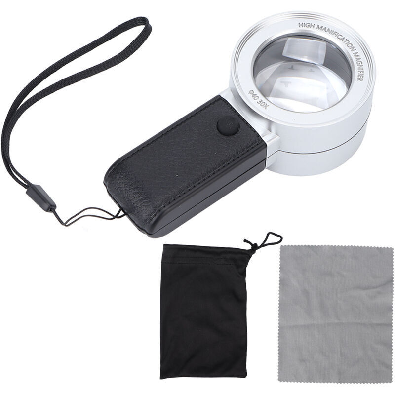 Tragbare, Beleuchtete 30-fache Lupe Mit 3 Leds Und Uv-licht, Multifunktionale Silberne Taschenlupe
