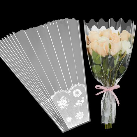 100 Stück Blumenstraußbeutel, 45 Cm Lange Kunststoff-blumenverpackungsbeutel, Zellophanbeutel Für Blumensträuße, Transparent Mit Schleifen- Und Spitzenverzierung (silberne Rückseite)