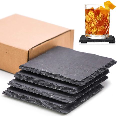 4-teiliges Set Schieferuntersetzer, 10 Cm X 10 Cm, Schwarz, Modernes Design, Einfach Zu Verwenden, Größe 10 X 10 Cm, Für Kaffee, Bar, Küche Und Als Dekoration