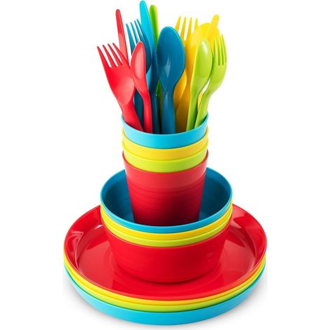 24-teiliges Wiederverwendbares Kunststoffgeschirr-set, 4 Unzerbrechliche Kinderteller Und Salatschüsseln, 4 Becher (240 Ml), 4 Wiederverwendbare Messer, Gabeln Und Löffel – Für Müsli Und Suppen