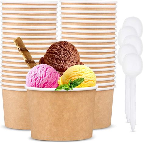 50 Stück Eisbecher Aus Papier Mit 50 Löffeln, 360 Ml (12 Oz) Einweg-servierschalen Aus Papier Für Warme Und Kalte Speisen, Suppe, Eisbecher, Frozen Yogurt, Desserts (braun)