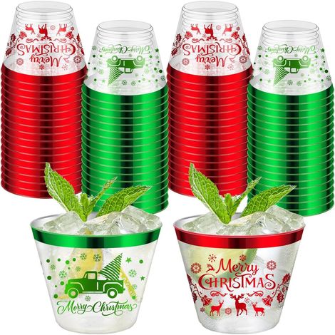 60 Stück Weihnachtsbecher, 270 Ml Wiederverwendbare Plastikbecher Mit Der Aufschrift „frohe Weihnachten“, Elegante Cocktail- Und Weingläser Mit Rotem Und Grünem Rand Für Weihnachts-, Feiertags- Und Si