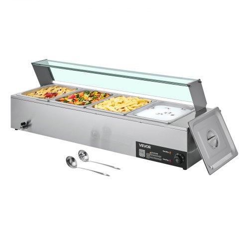 Kommerzieller Speisenwärmer (4 X 1/2 Größe Behälter), 1,5 Kw Elektrischer Wärmebehälter Aus Edelstahl Mit Glasabdeckung & Suppenkelle, Chafing Dishes Set Für Catering Restaurant Party