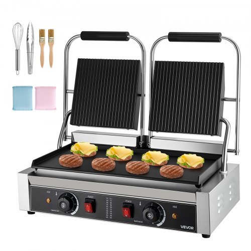 Kommerzieller Panini-grill Kontaktgrill 3600 W Für Sandwiches Steak Bacon Hamburger, Sandwichmaker Pressgrill Aus Edelstahl Mit Griff & Temperaturregelung & 48 X 23 Cm Heizplatte, Paninipresse