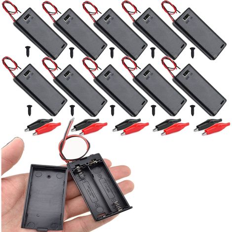 10 Stück 2x1,5v Aa Batteriehalter, Batterieaufbewahrungsbox Mit Ein-/ausschalter, Kunststoff-batteriebox + Krokodilklemmen (schwarz Mit Deckel)