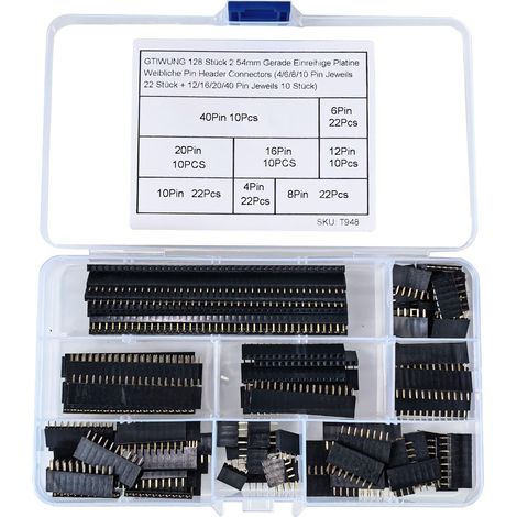 128-teiliges 2,54-mm-einreihiges Leiterplatten-stiftleisten-set, Buchsen-stiftleiste, Gerade Geschnitten (4/6/8/10 Pins, Je 22 Stück + 12/16/20/40 Pins, Je 10 Stück)