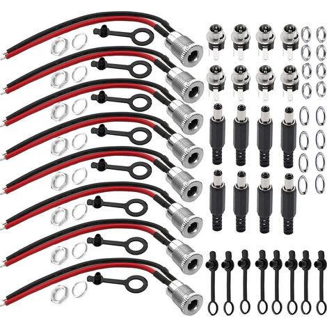 Dc 5,5 X 2,1, 12v Stromanschluss-set, 8 Stück Einbaustecker (mit Leitung) + 8 Stück Dc 12v Stecker + 8 Stück Lötanschlüsse + 16 Stück Gummikappen