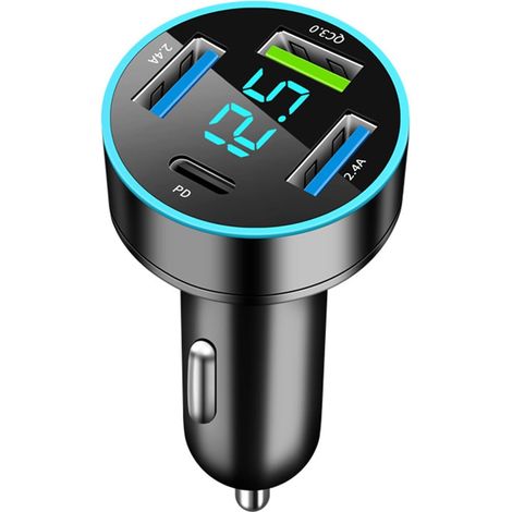 Usb-autoladegerät, 4-port-schnelllade-usb-c-autoladegerät, 50w Qc3.0 & Pd Autoladegerät-adapterstecker, Schnelllade-autoladegerät Mit Led-voltmeter, Für Ipads, Galaxy-smartphones