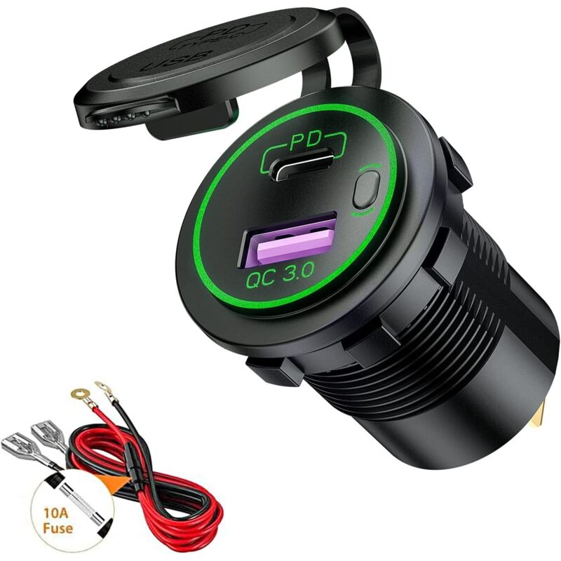 Usb/qc3.0- Und Pd/typ-c-kfz-ladestecker Mit Led Und Wasserdichtem Schalter Für 12v/24v-autos, Boote Und Motorräder (grün)