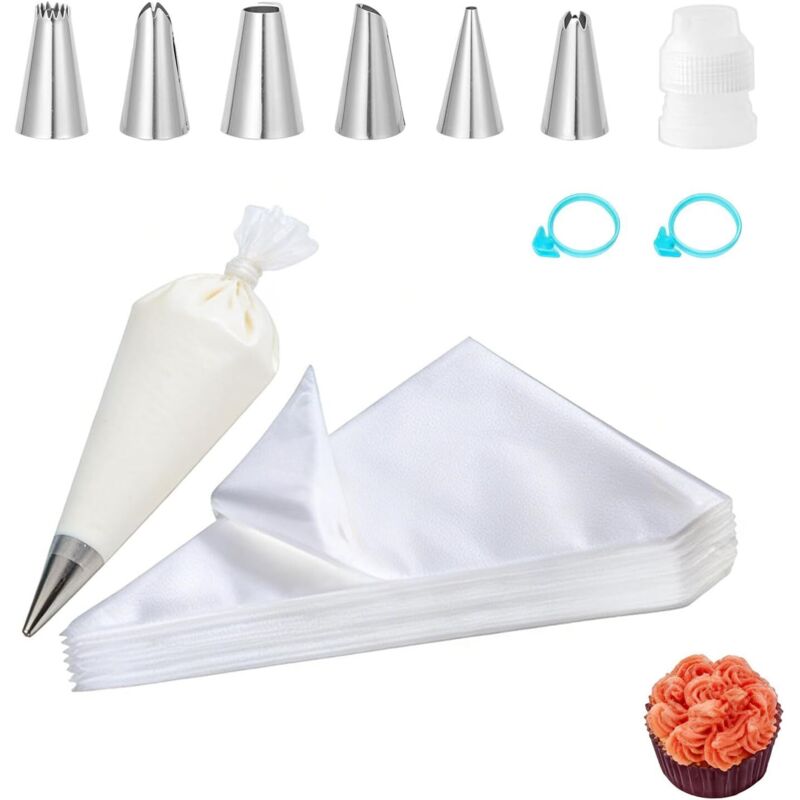 100 Spritzbeutel Mit Tüllen Zum Dekorieren Von Kuchen, Cupcakes, Keksen Und Gebäck, Inklusive 6 Edelstahltüllen, 1 Adapter Und Transparenten Spritzbeuteln