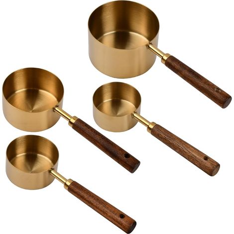 4-teiliges Messlöffel- Und Messbecher-set Aus Kupfer Und Edelstahl, Messlöffel Mit Holzgriff, Hochglanzpolierter Küchenmessbecher Zum Backen, Für Kaffee Und Tee (akazie)