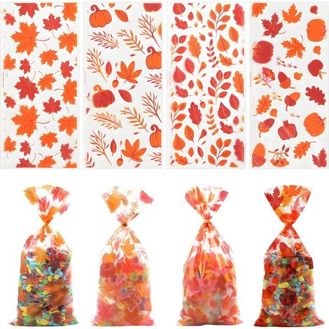 Packung Mit 100 Transparenten Geschenktüten Aus Kunststoff Mit Drehverschluss, Blatt-, Kürbis- Und Herbstmotiven, 4 Verschiedene Ausführungen Für Leckereien, Süßigkeiten, Kekse, Gastgeschenke Und Zell