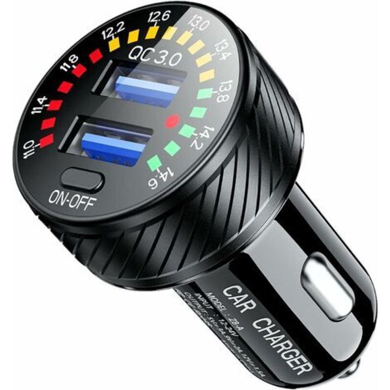 Dual-port Qc3.0 Usb-zigarettenanzünderadapter, 36w/3a, Mit Voltmeter Und Schalter.