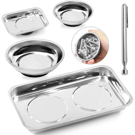 5-teiliges Werkzeugtablett Aus Edelstahl In Zwei Formen (rund Und Quadratisch) Mit 1,4 Kg Magnetischem Werkzeugaufnehmer-sortiment Und Magnetischem Teilehalter