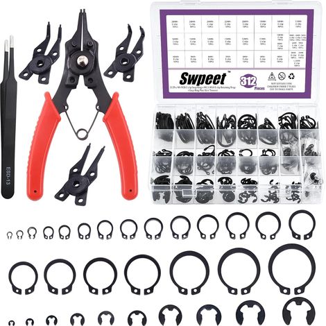 Set Mit 312 4-in-1-clips Aus Stahllegierung (m4–m28 Mm), Außensicherungsringen Und E-clip-sicherungsringen (1,5 Mm Bis 10 Mm), Inklusive Pinzetten-set Zur Reparatur Von Stiftclips