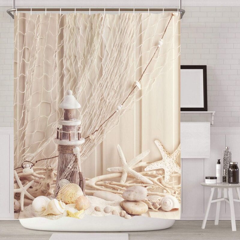 Stoff-duschvorhang Mit Ringen – 200 X 200 Cm – Muschelmuster – Digitaldruck – Polyester – Schimmelresistent – Beige