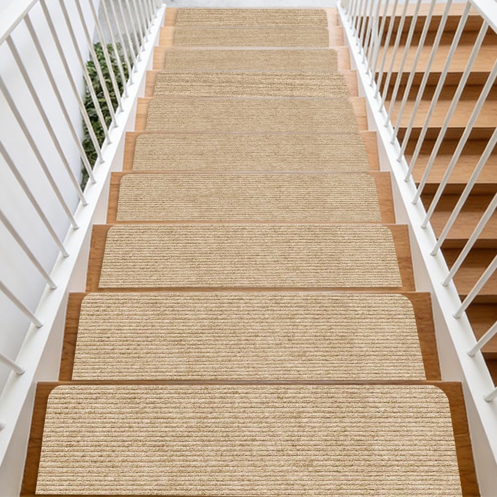 Stair Tread Mats, Pack Of 15, 55 X 22 Cm, Self-adhesive Stair Mats, Machine Washable Stair Carpet, Non-slip Stair Mats, For Families With Children, Seniors And Pets, Beige