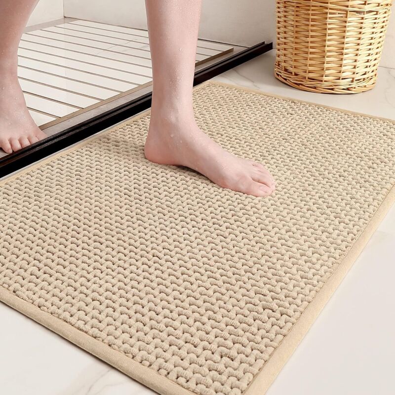 Hochwertige Chenille-badematte – Farbe G – Dünne Badematte – Saugfähig, Flach, Rutschfest, Weich, Maschinenwaschbar, Schnelltrocknend, 40,6 X 61 Cm – Kleine Beige Badematte